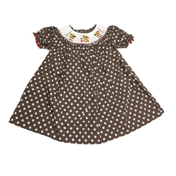 Molly Pop 18 mos Fall Leaves Smocked Dress Brown Polka Dot Cotton - Picture 1 of 8